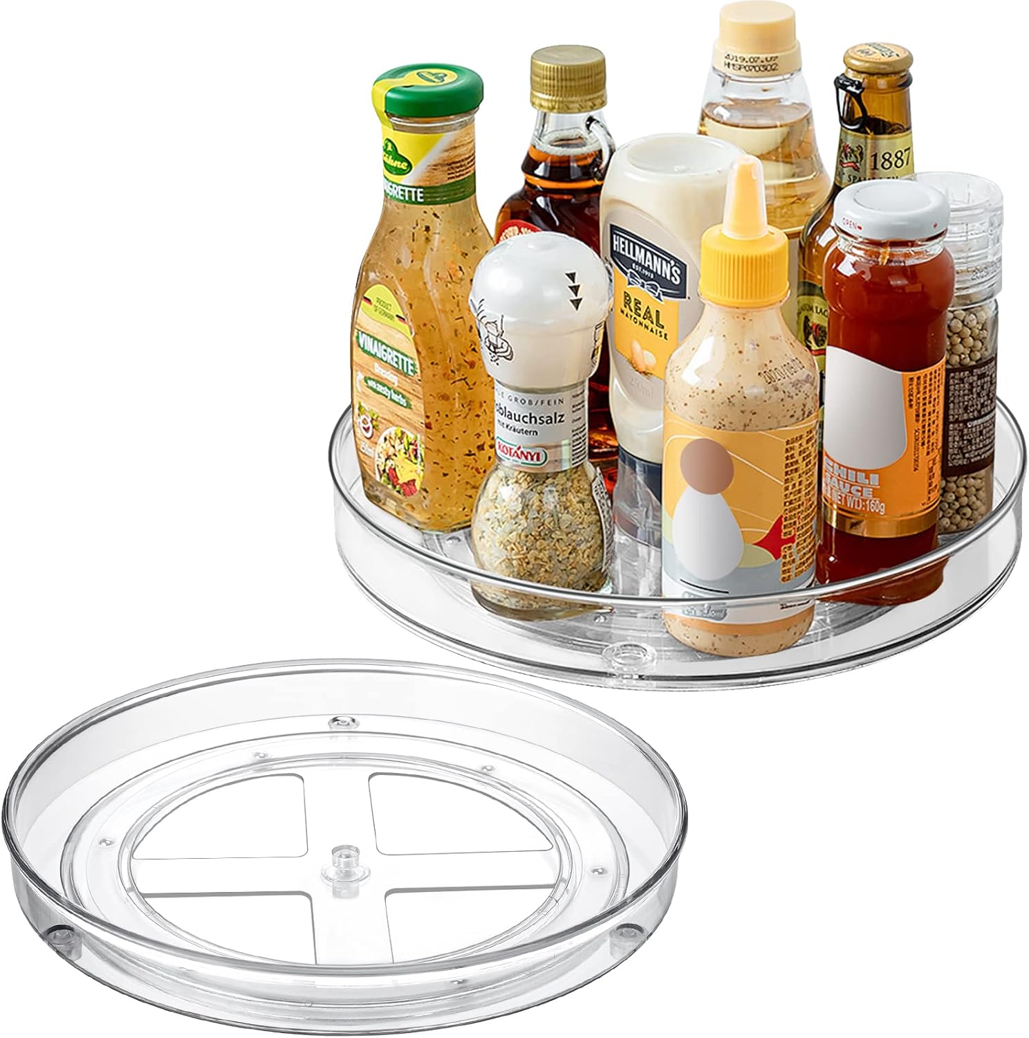 2 Pack Lazy Susan Turntable Cupboard Organiser(27+23.5cm), Rotatable Spice Rack Fridge, Clear Cupboard Condiment Spinning Tray, Multi-Functional Spice Rack for Kitchen Storage