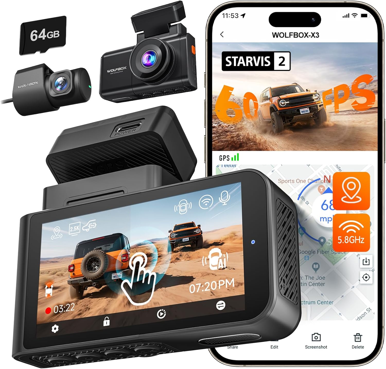 WOLFBOX X3 2.5K 60FPS Dash Cam, STARVIS 2 IMX675 with ADAS, 2.5K+1080P Dash Cam Front and Rear, Built-in 5.8GHz WiFi & GPS, G-Sensor, Loop Recording, Touch Screen, Included 64GB Card