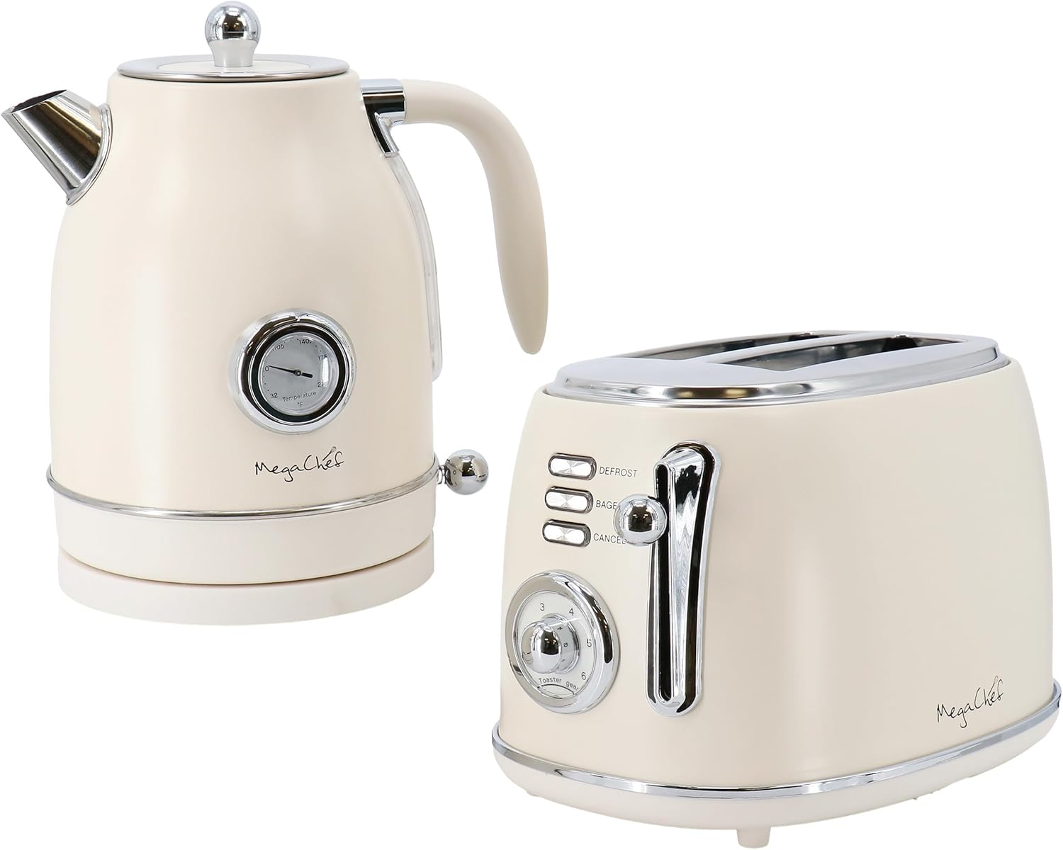 MegaChef 1.7 Quart Electric Tea Kettle and 2 Slice Toaster Combo in Matte Cream (Cream)