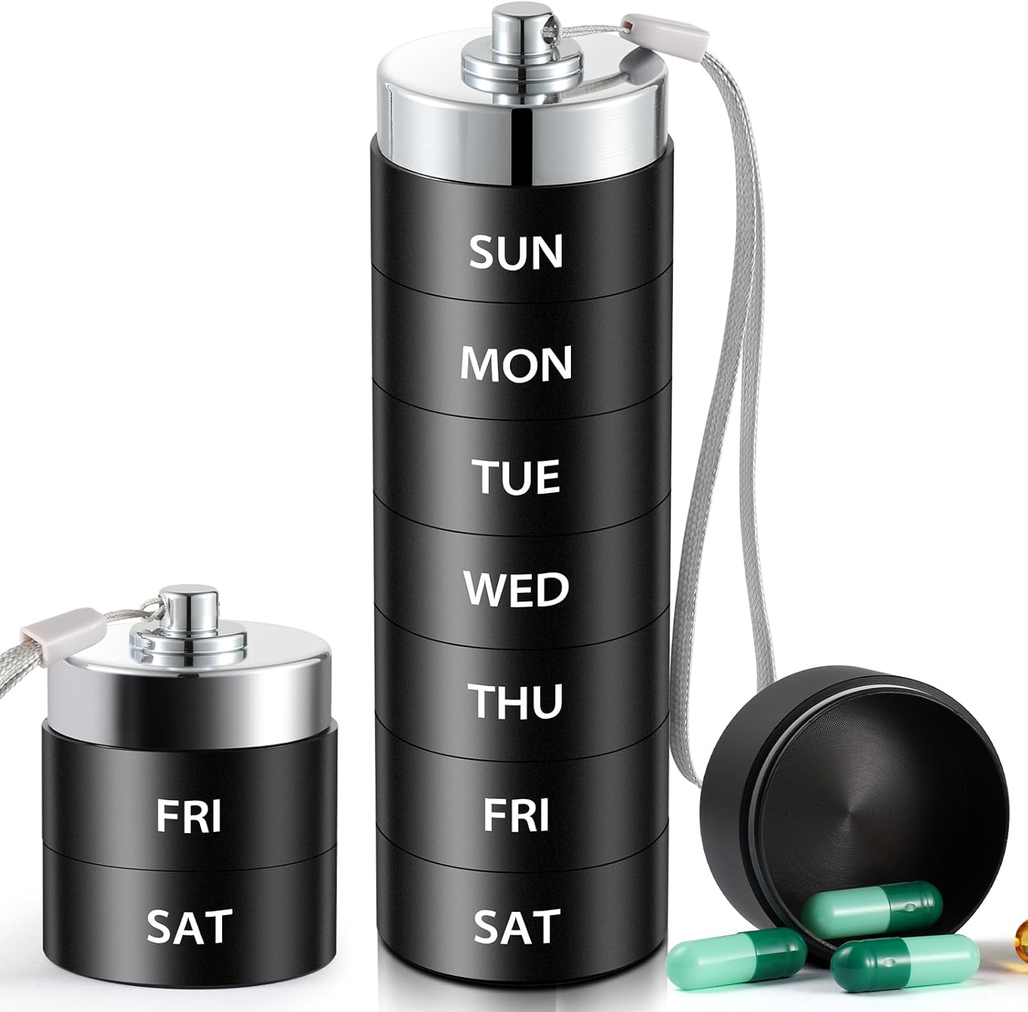 Metal Travel Pill Organizer, Large Weekly Pill Box, Portable Aluminum Alloy Waterproof Container, 7 Day Daily Medicine Organizer Holder for Vitamin, Fish Oil, Supplement, Black