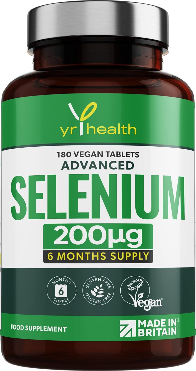 Selenium 200mcg Tablets - 180 Vegan Society Registered Pills, for Thyroid and Immune Health, Hair, Skin and Nails - 6 Month Supply Tablets Not Capsules - Made in The UK by YrHealth