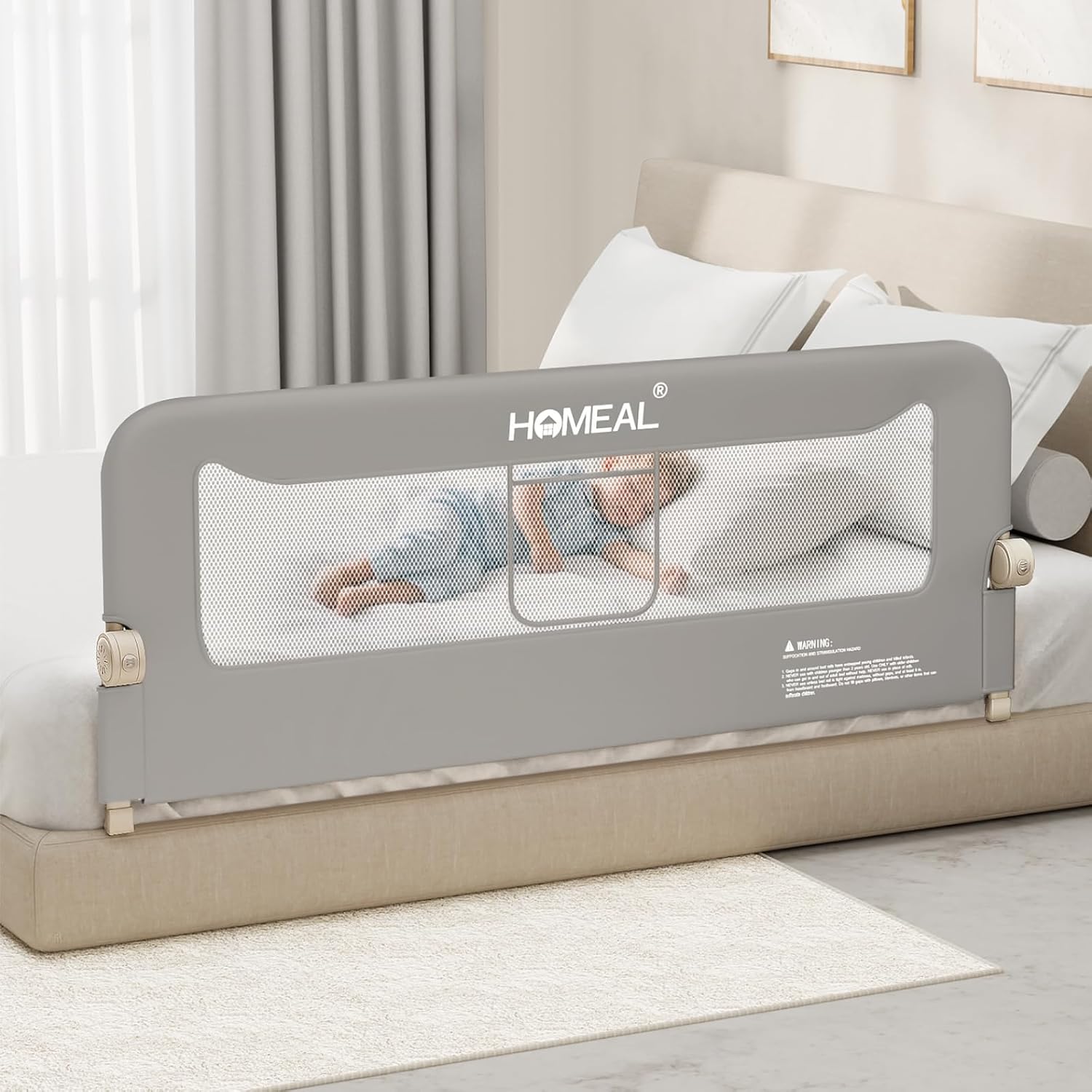 HOMEAL Bed Rail for Toddlers - 59"x24" Foldable Toddler Bed Rails for King, Queen, Twin, Full, Double Bed - Breathable Guard Rail for Toddlers with U-Shape Base, Grey, 1 Pack