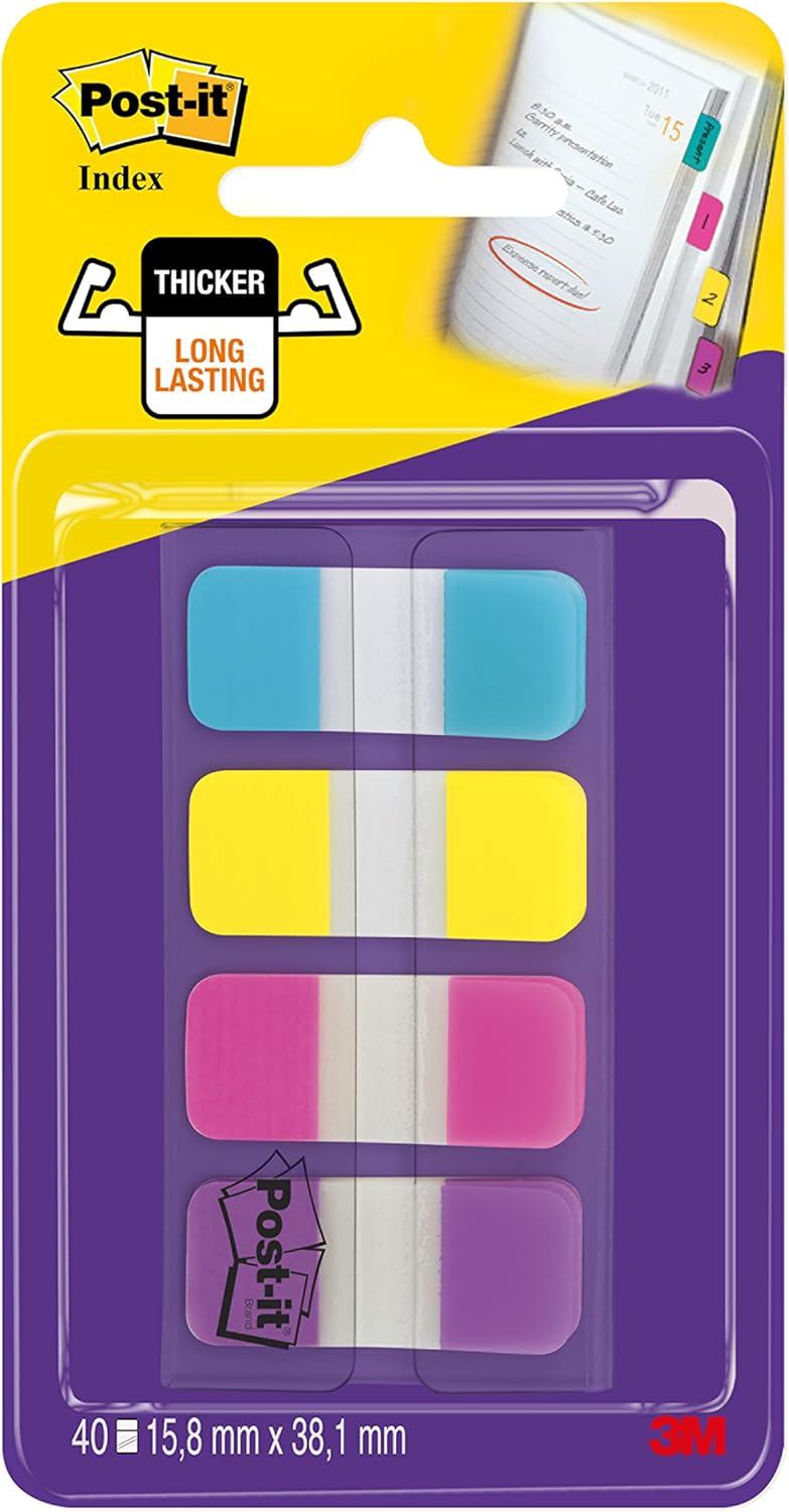 Post-it Index Strong Filing Tabs, Small - 40 Tabs, 15.8 mm x 38.1 mm, Blue, Purple, Pink, Yellow - Extra Strong Sticky Flags for Documents and Information