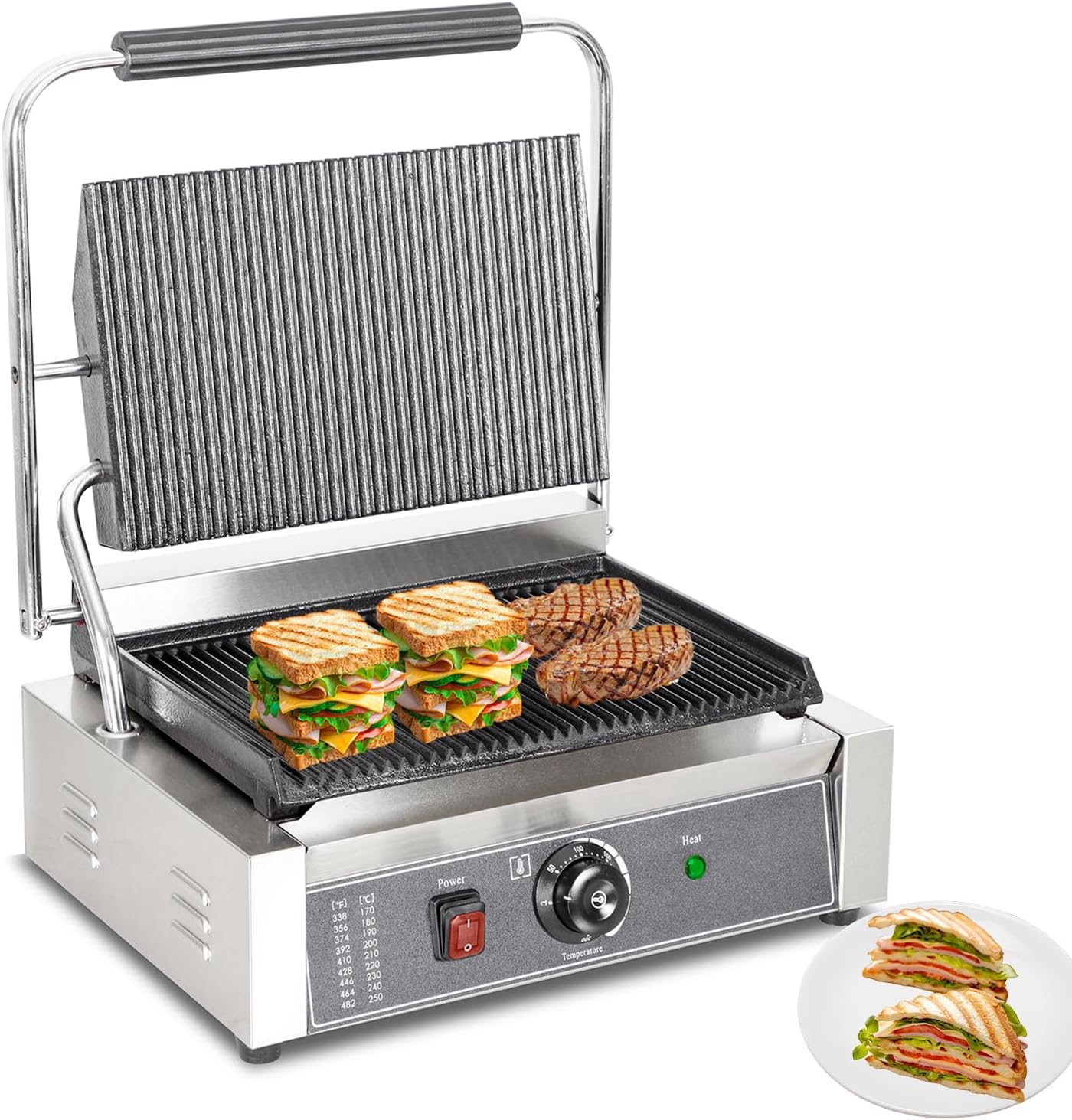 CTJ Commercial Panini Press Stainless Steel Electric Sandwich Panini Maker 2200W Countertop Panini Grill Press with Grooved Top & Temp Control for Sandwich Hamburger Steak Bacon