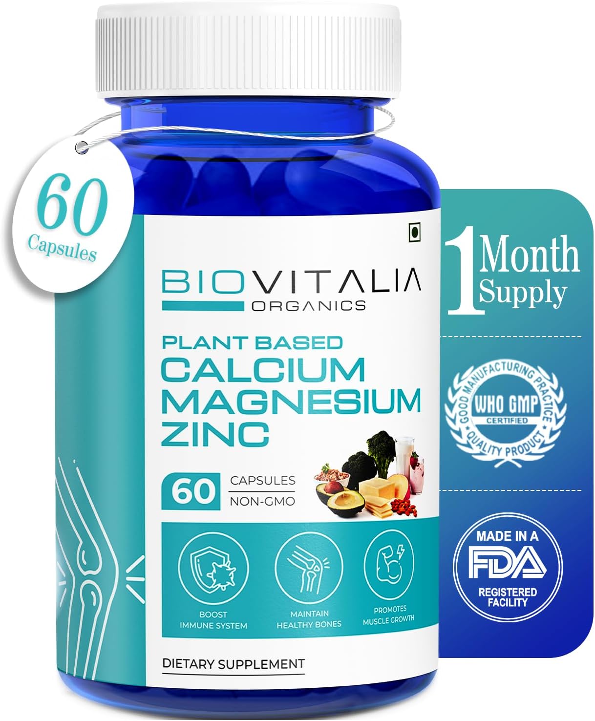 Biovitalia Calcium Magnesium Zinc Capsules with Vitamin D3, B12 & K | Supplement for Men & Women Promote Muscle Health | Support Bone & Joint Health | Immunity Booster - 60 Veg Capsule