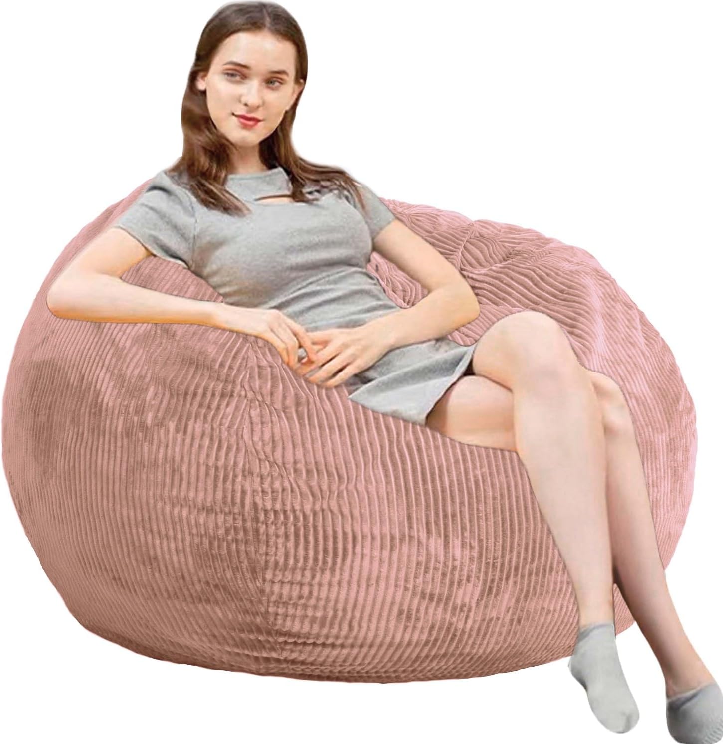 Bean Bag Chairs with Faux Rabbit Fur Cover, 3 ft Giant Memory Foam Bean Bag Chairs for Adults/Teens with Filling,Ultra Soft Faux Fur Fabric, Round Fluffy Sofa for Living Room Bedroom College Dorm