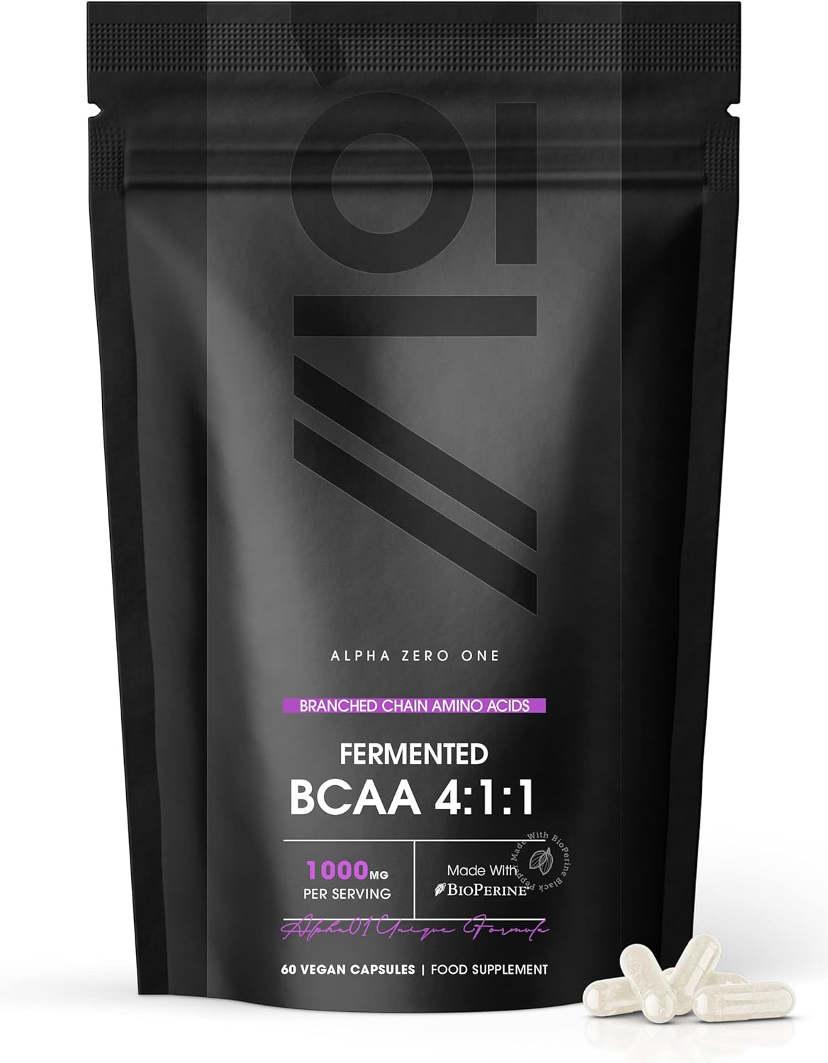 BCAA Capsules 1000mg with BioPerine® – 60 Vegan Capsules – High Strength Branched Chain Amino Acids Supplement – Not Powder – Resealable and Recyclable Pouch by Alpha01