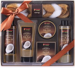 Caribbean Coconut Bath and Body Gift Set for Women. Home Spa set includes shower gel, bubble bath, body scrub, body lotion, bath salt and Loofa