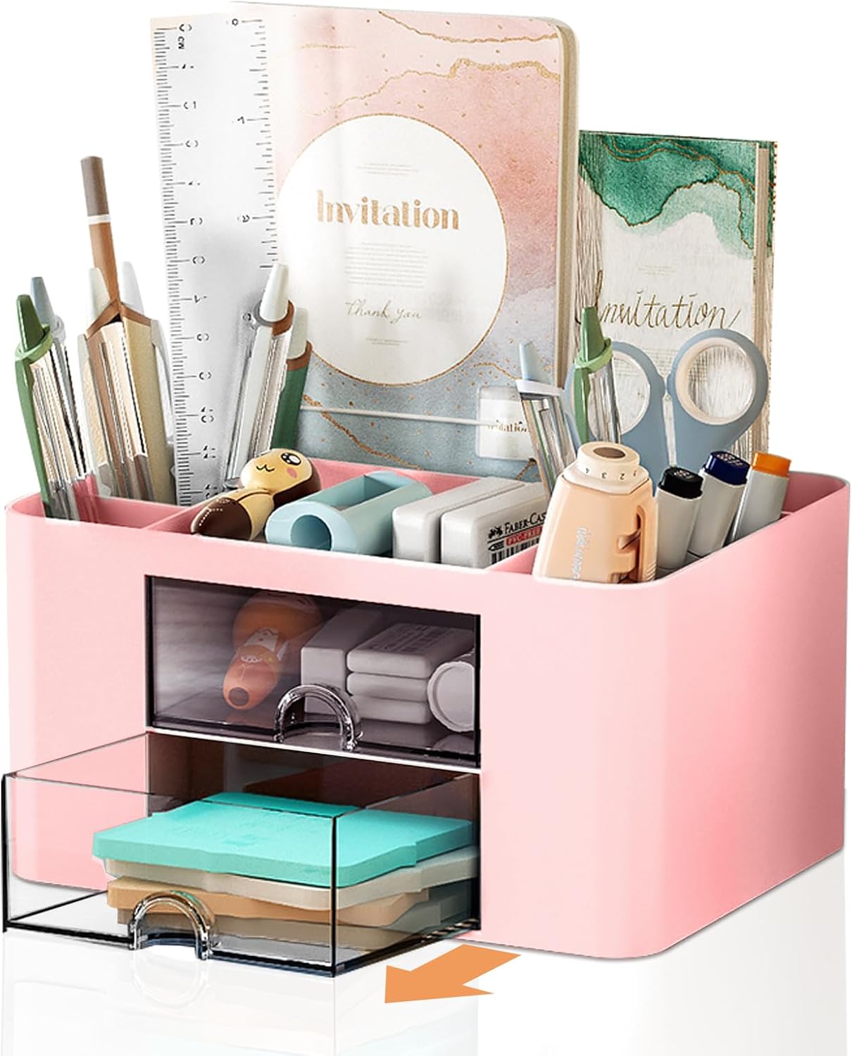Cayxenful Desk Organiser Tidy, 2 Drawers Plastic Table Stationary Organiser with 5 Compartments Desktop Storage Holder Stationery Supplies Organizer for Office, School, Home(Pink)