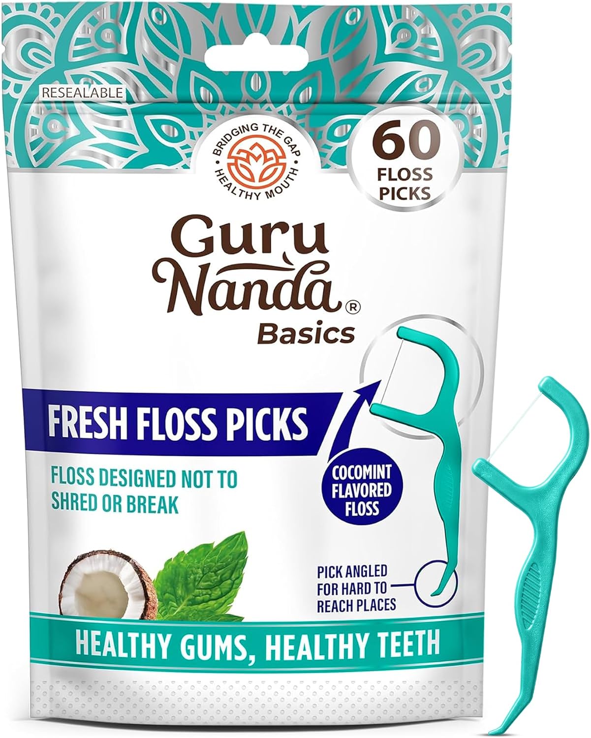 GuruNanda Fresh Dental Floss Picks with Angled Toothpick, Cocomint, 60 ct