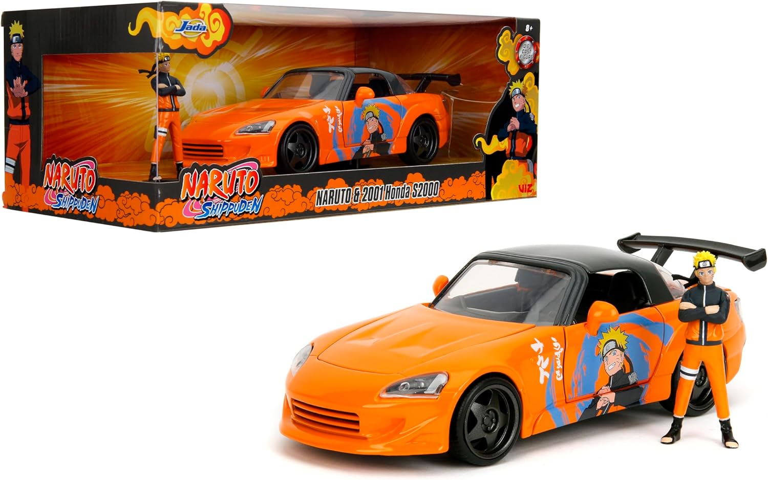 Jada 2001 Honda S2000 with Naruto Figure - Die-Cast Vehicle - 1:24 Scale, Opening Doors, Hood & Trunk, Rubber Tires - Hollywood Rides Anime Series - Ages 8+ - Orange/Black