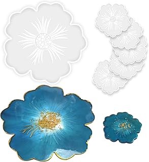 Silicone Resin Molds, 1PCS Large Resin Tray Mold and 5PCS Coaster Molds for Resin Casting, Flower Shape Epoxy Resin Casting Molds for DIY, Home Decoration, Table Wine Tray-6 PCS
