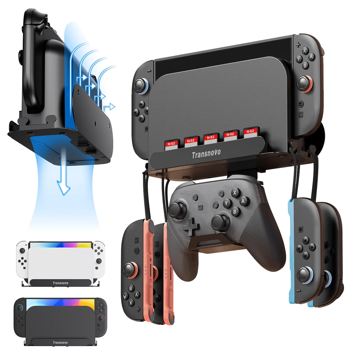 TRANSNOVO Wall Mount Dock Holder Compatible with Switch 2/OLED/Switch, Space-Saving Console Storage Near/Behind TV, Metal Bracket with Hook for Hanging Joycons/Pro Controller and 5 Game Card Slots