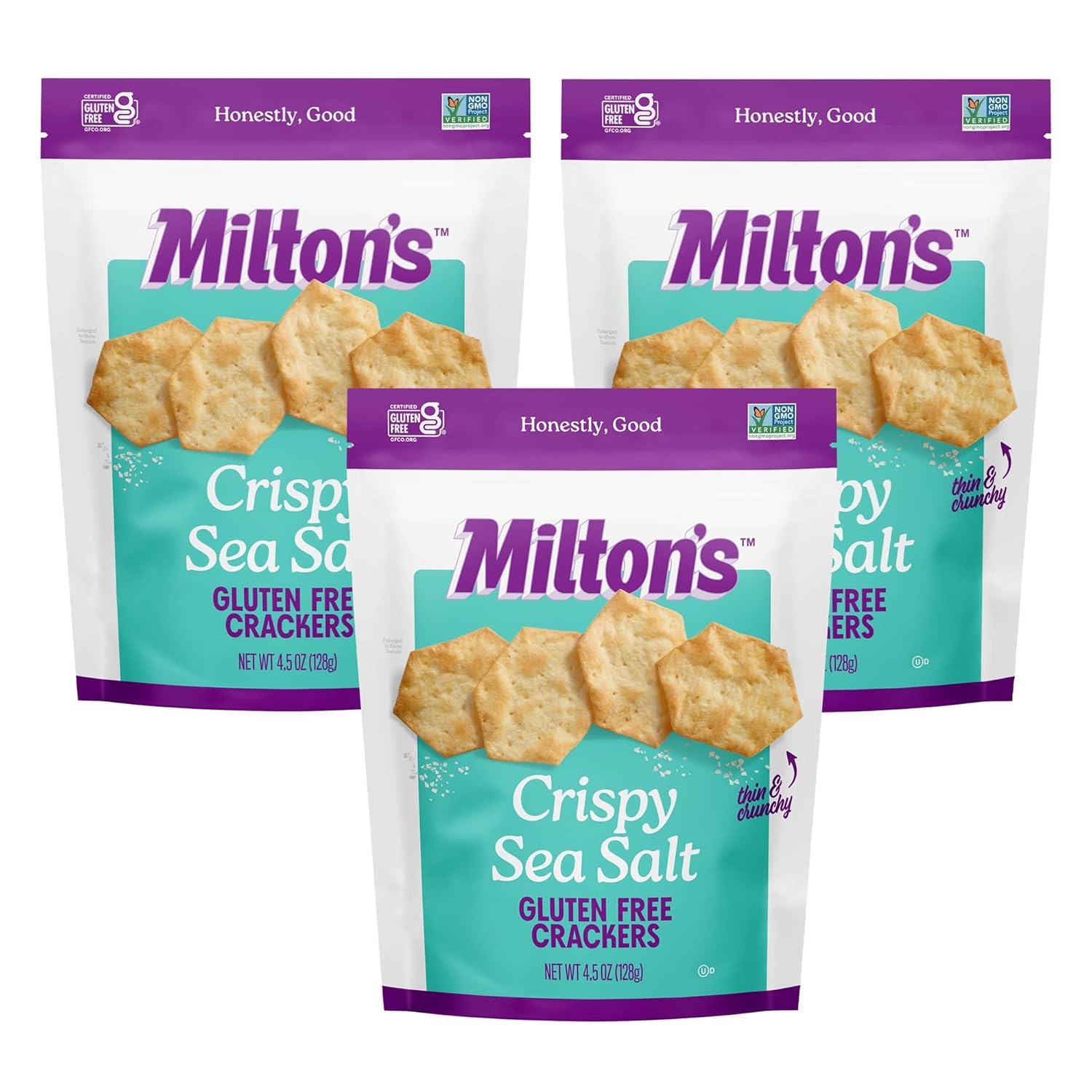 Milton’s Gluten Free Crackers, Crispy Sea Salt - Non-GMO Project Verified, Kosher, Certified Gluten Free Snack, 5 Grains In Every Bite - 4.5 Oz, Pack of 3