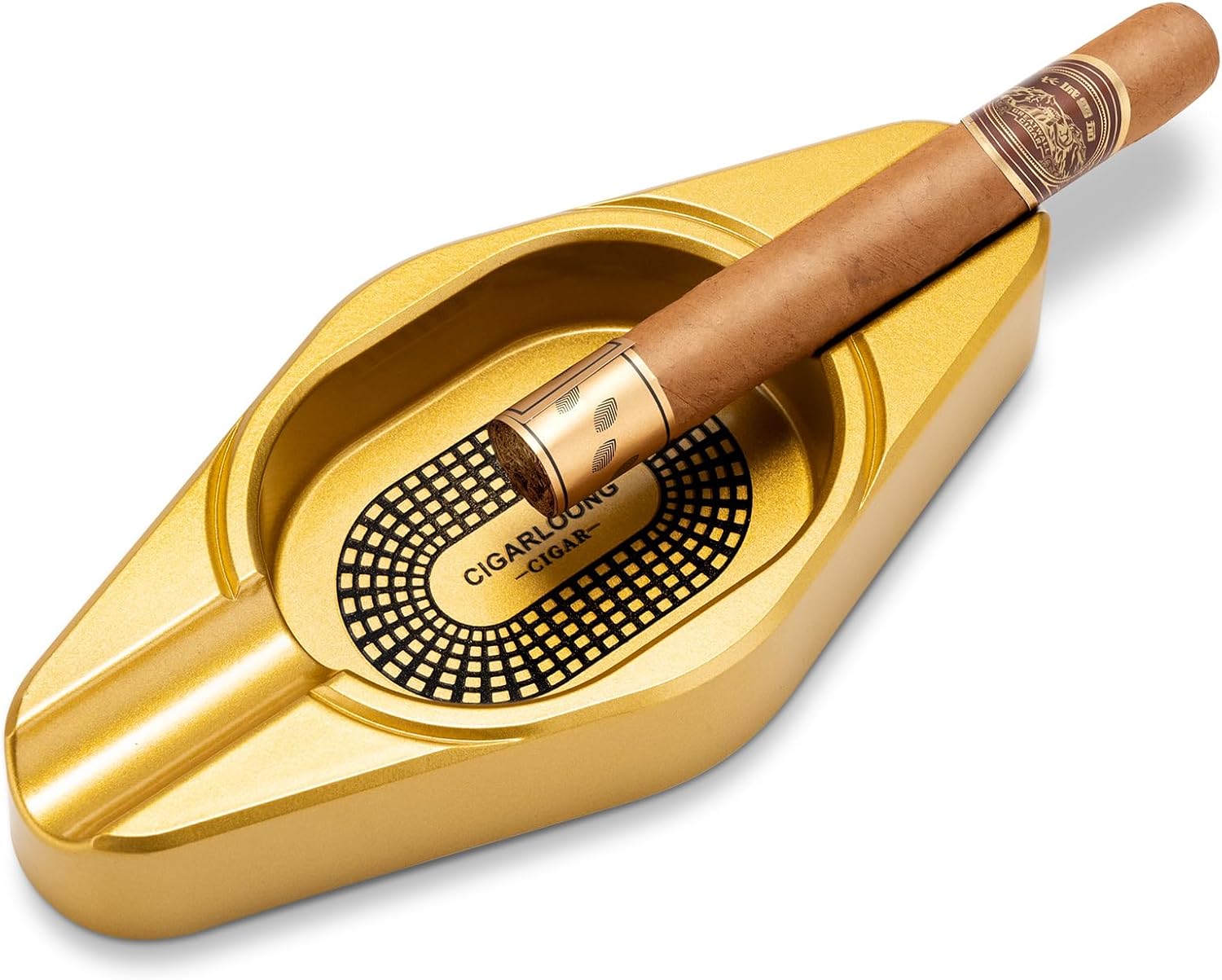 CIGARLOONG Cigar Ashtray Holds 2 Cigars Resin Desktop Cigar Holder Ash Tray for Outdoor (Gold)