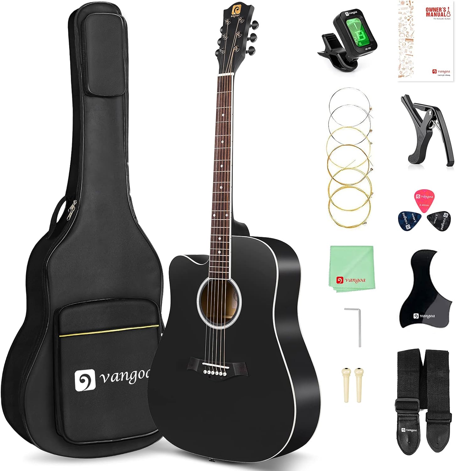 Vangoa Left Handed Acoustic Guitar 4/4 Full Size Cutaway Lefty Folk Guitar Starter Set with Beginner Kits, Black