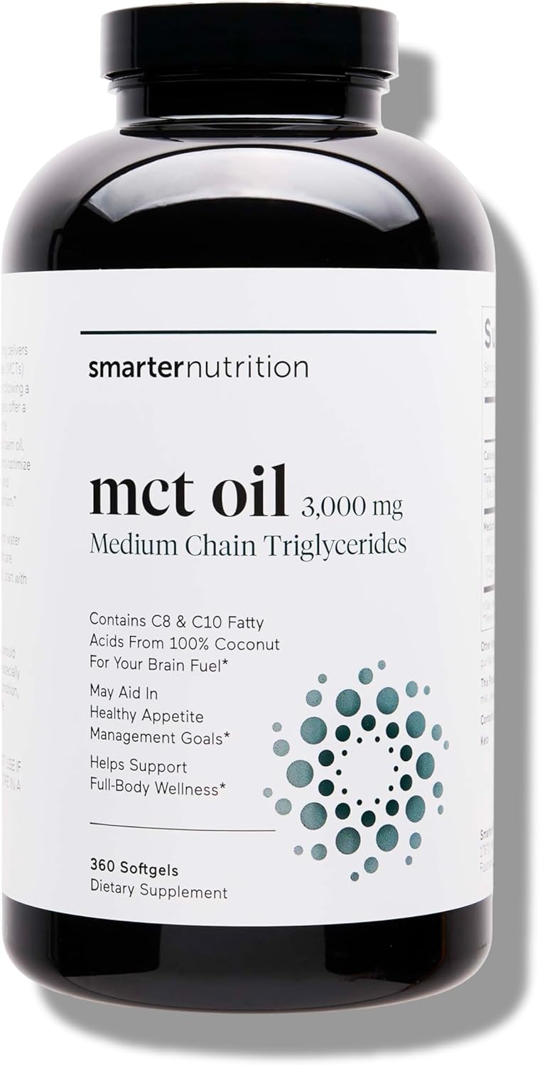 SMARTERNUTRITION Coconut MCT Oil Capsules C8 & C10 3000 mg - Ketogenic Fuel for Brain & Body, 100% Cold-Pressed Coconut Oil - Energy for Keto - Gluten-Free, Non-GMO - 360 Count - 180 -Day Supply