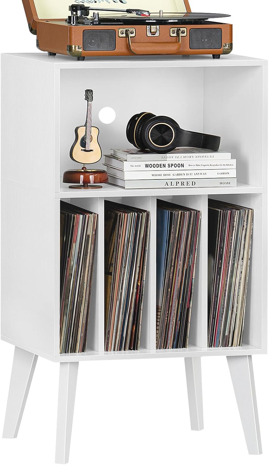 LELELINKY Record Player Stand, Turntable Stand Hold Up To 160 Albums, Mid-Century Vinyl Storage Table With Legs, Record Player Holder Display Cabinet Rack For Bedroom Living Room, White