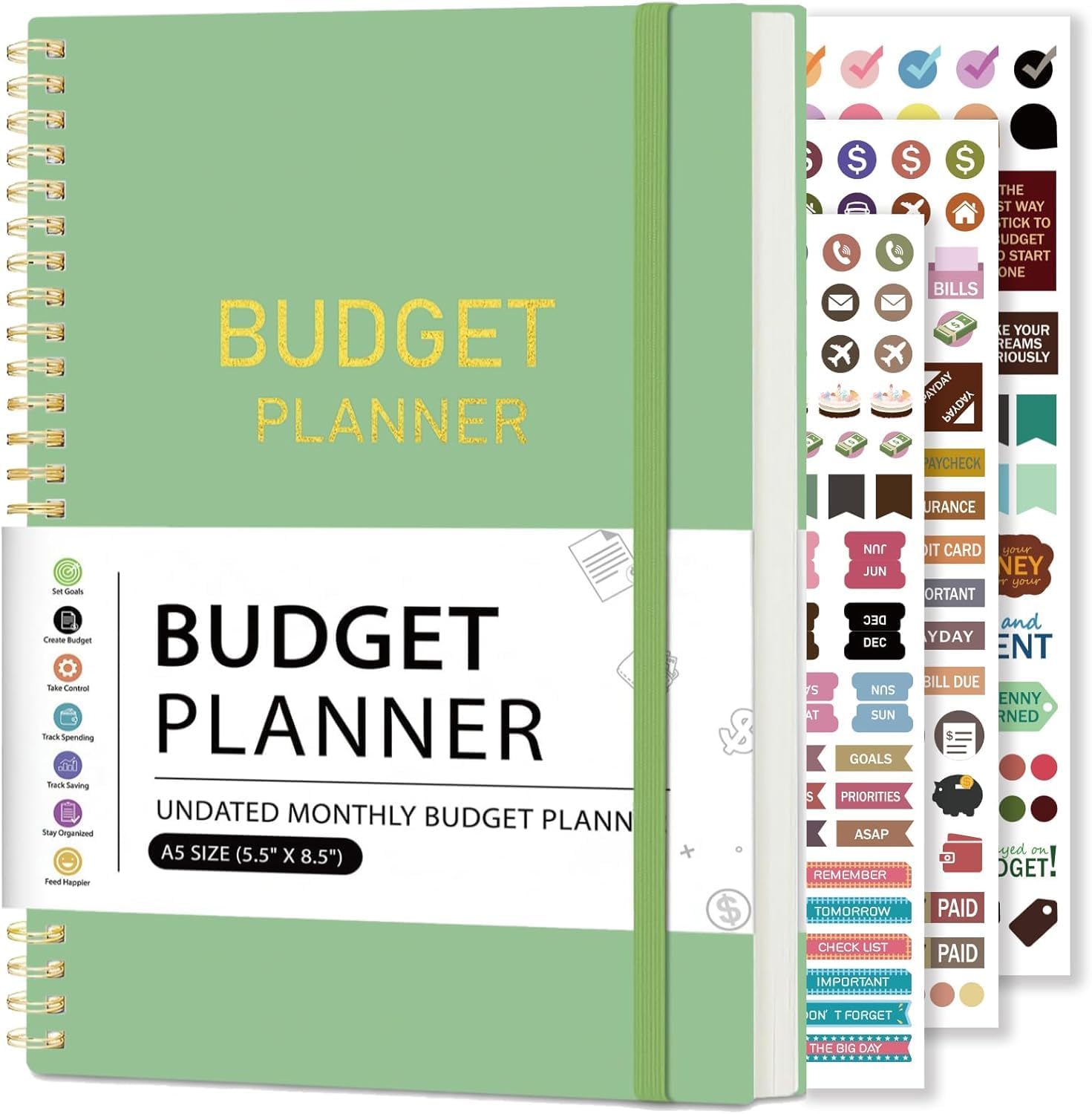 Undated Budget Planner with Tag Stickers, A5 Monthly Budget Planner Budget Book with Expense & Saving Tracker for Money Management and Saving(Green)