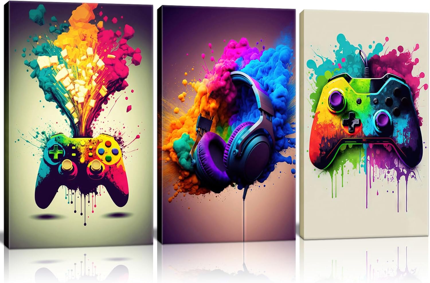 Framed 3Pcs Game Room Decor Wall Art Colorful Video Game Controller Headphones Themed Poster Neon Print Picture Kids Teen Console Boys Bedroom Home 16 x 24 Inch Ready to Hang