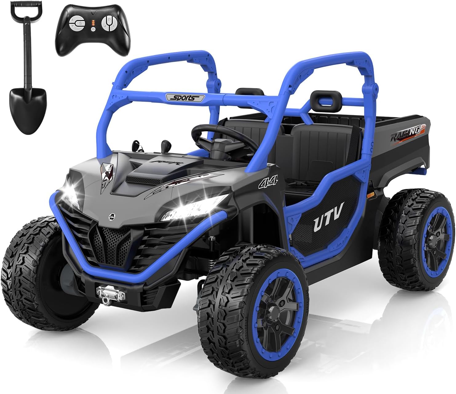 ANPABO 24V 2 Seater Ride On Dump Truck, 4x75W, Max 5 Mph, EVA Tire, Kids Electric Car with Electric Dump Bed, Shovel, Music, 24V Ride On Toy UTV w/Parent Remote Control for Ages 3-8, Blue