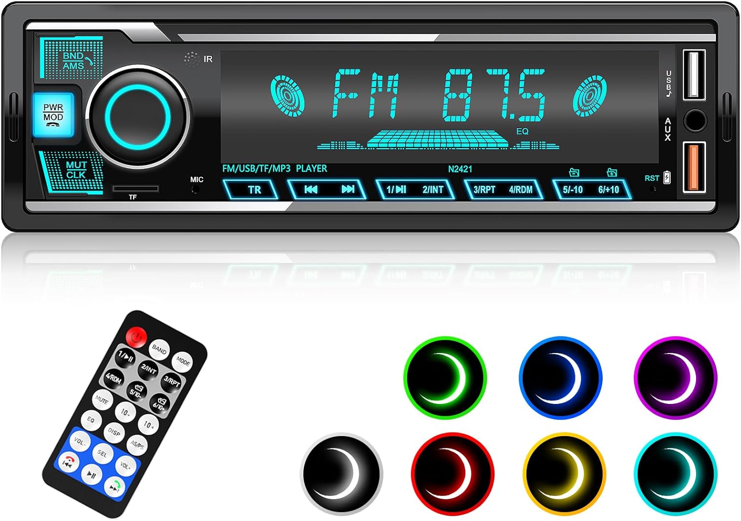 Car Stereo Bluetooth, Wistrue Car Radio Bluetooth 5.0 Hands-free with 7 Colorful Lights 1 Din Car Stereo with 2USB/TF/AUX/WMA/WAV/MP3 Media Player
