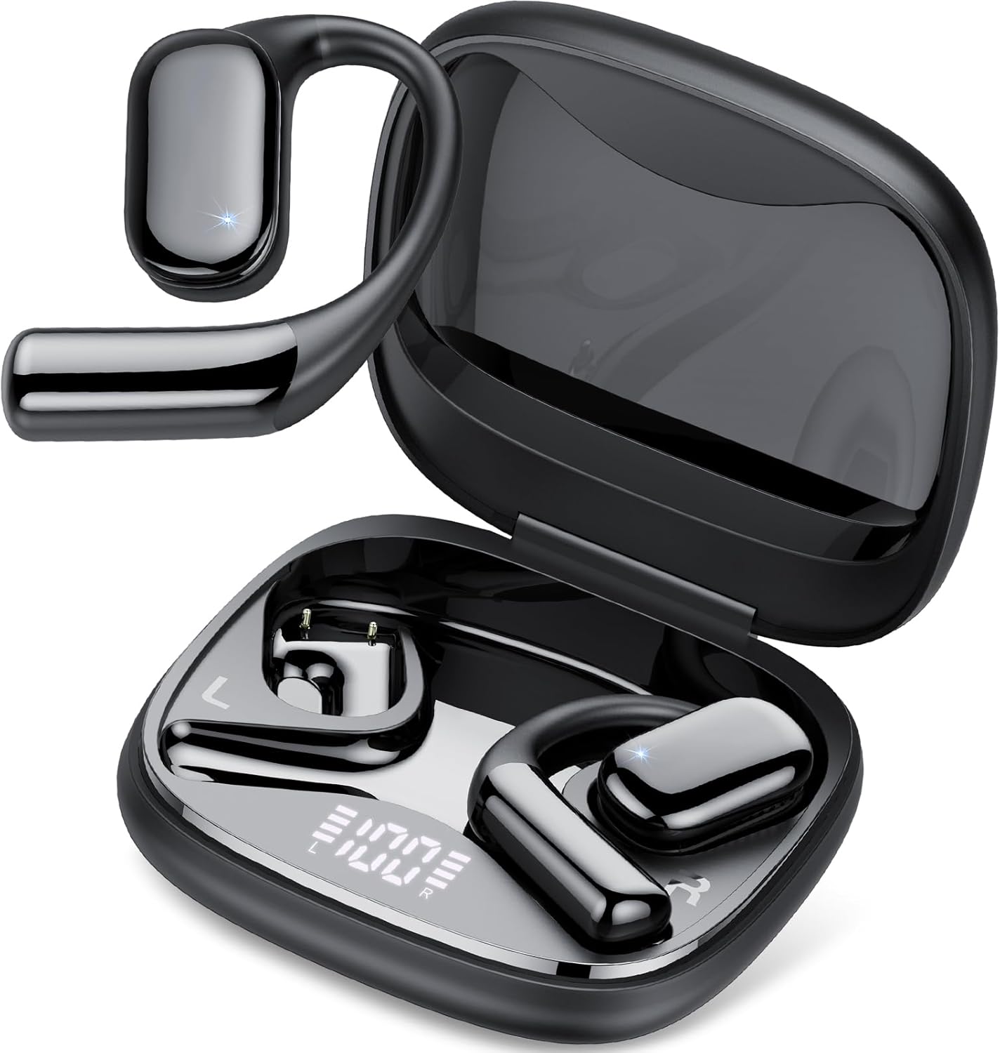 QCOQ Open Ear Earbuds, Bone Conduction Headphones, V5.4 True Wireless Earbuds, 50H playtime LED display headphones wireless Bluetooth, IPX7 Waterproof for Fitness and Running/Black