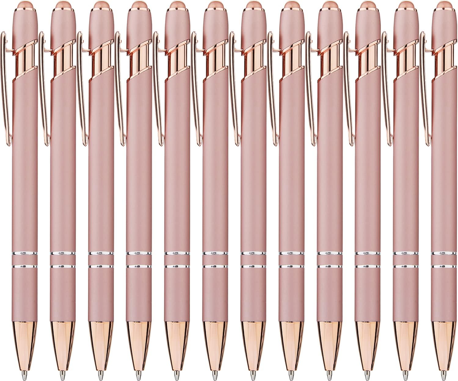 LINFANC 12 Pack Rose Gold Ballpoint Pen with Stylus Tip, 1.0 mm Black Ink Smooth Writing Pens, Metal Stylus Pens for Touch Screens