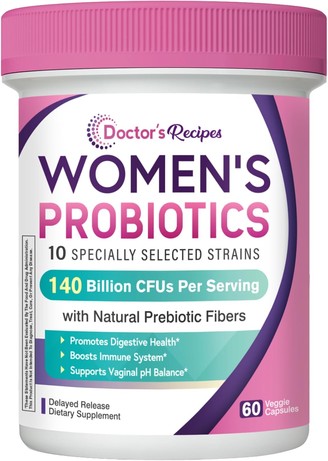 Doctor's Recipes Probiotics for Women, Organic Prebiotics and Probiotics for Digestive Health, Vaginal Health, 140 Billion CFU, 10 Strains, Shelf Stable, 60 Capsules