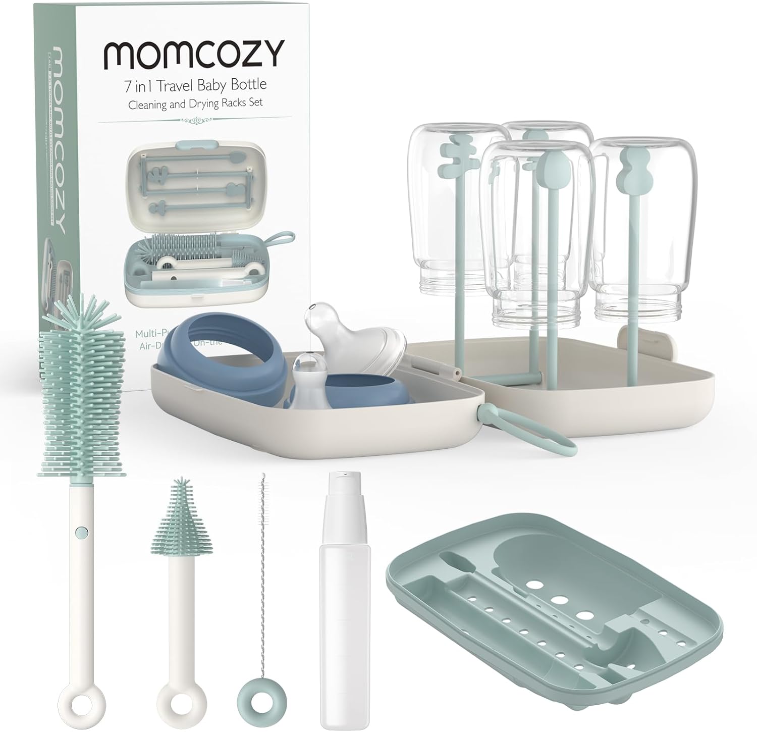 Momcozy 7 in 1 Baby Bottle Brush Set - Complete Bottle Cleaning Kit with Silicone, Nipple, Straw Brush,Soap Dispenser, and Drying Rack - Ideal for Home and Travel