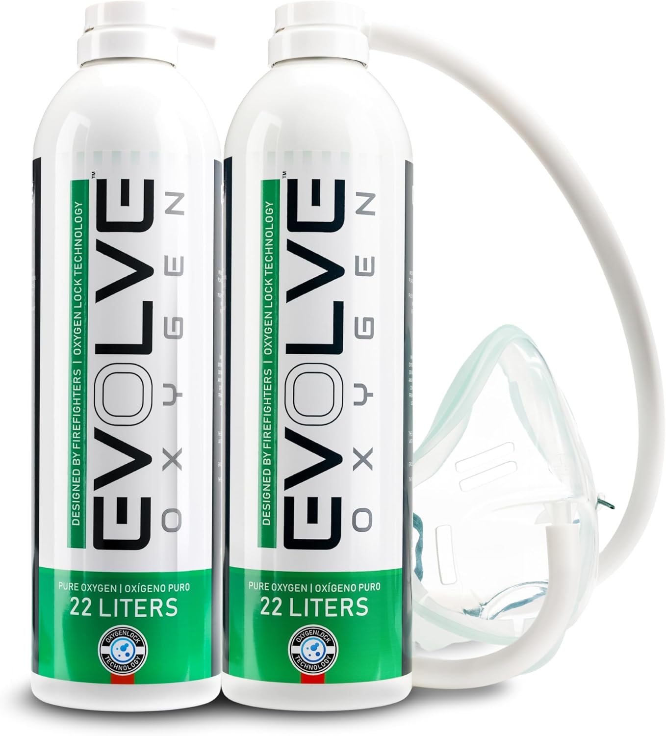 EVOLVE | 44-Liters of Pure Oxygen | Mask and Tube | 2X 22 Liter Canisters | Portable Oxygen Cans | Ideal for Home Use and Outdoor Activities | Designed by Firefighters | Made in The UK | Pack of 1