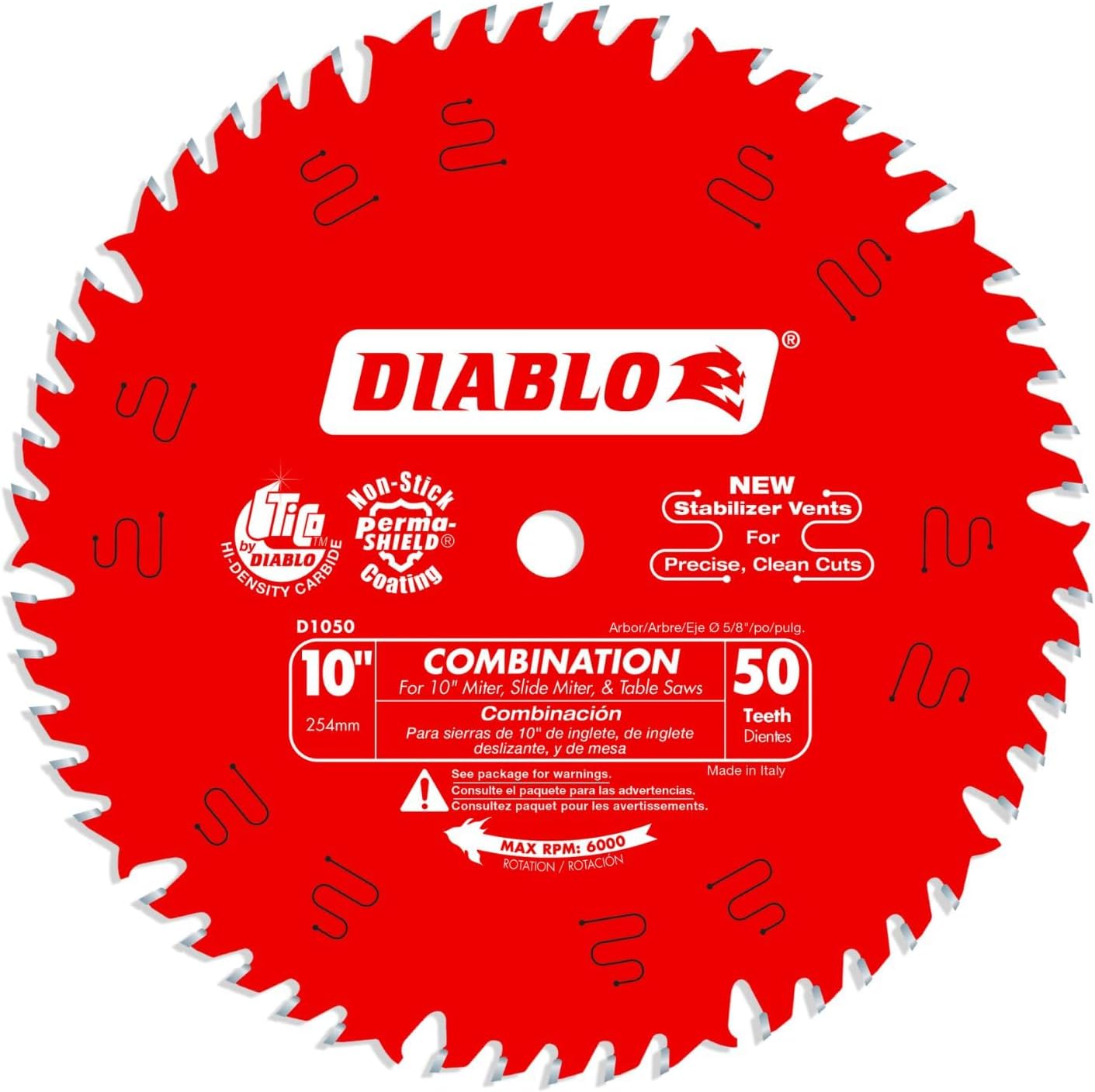Diablo Combination Saw Blade for Wood - 10" Diameter, 50 ATB Teeth, 5/8" Arbor, .098" Kerf, 15° Hook Angle, .071" Plate, 6000 Max RPM - D1050X | 10 Dia, 50 Atb Teeth, 071 Plate, 15 Degree Hook, 6000 Rpm