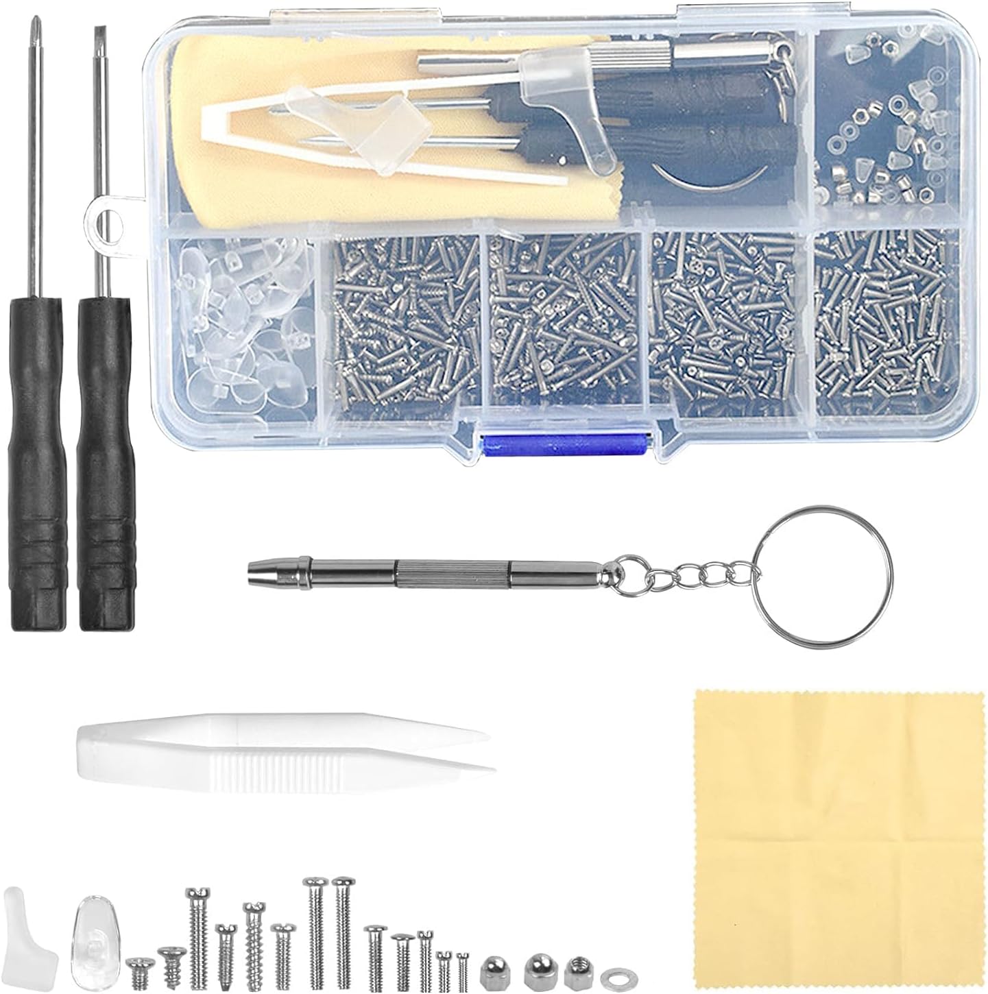 500 PCS Eyeglass Repair Tool Set – Glasses Screws, Screwdriver, Nose Pads, Tweezers, and Cleaning Cloth – Complete Kit for Eyeglass and Sunglass Maintenance.