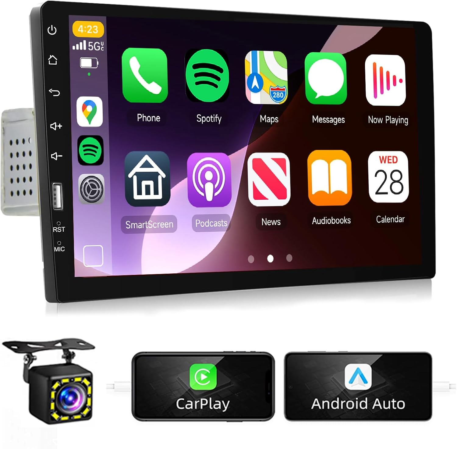 Podofo Single Din Car Stereo with Carplay Android Auto,9inch 1024x600 HD IPS Touchscreen Bluetooth FM/AM Radio Mirror Link SWC,Car Audio Receivers,HD Backup Camera/External Mic/USB