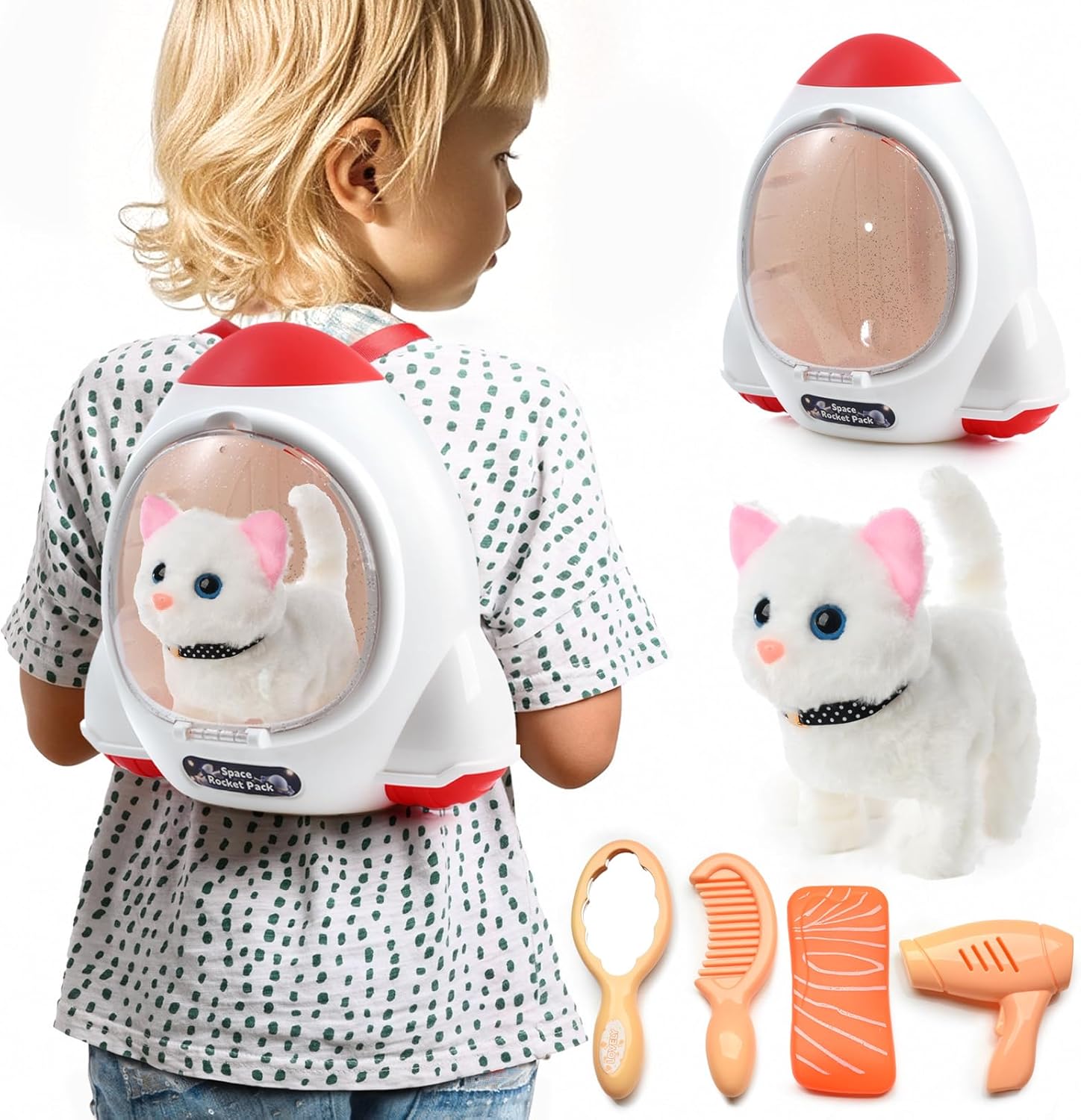 Electronic Interactive Plush Cat- Battery Operated Mechanical Walking Little Pet Kitten with a Cute Bag, Meow Tail Wagging, Stretching Companion Animal for Toddlers & Kids (White)