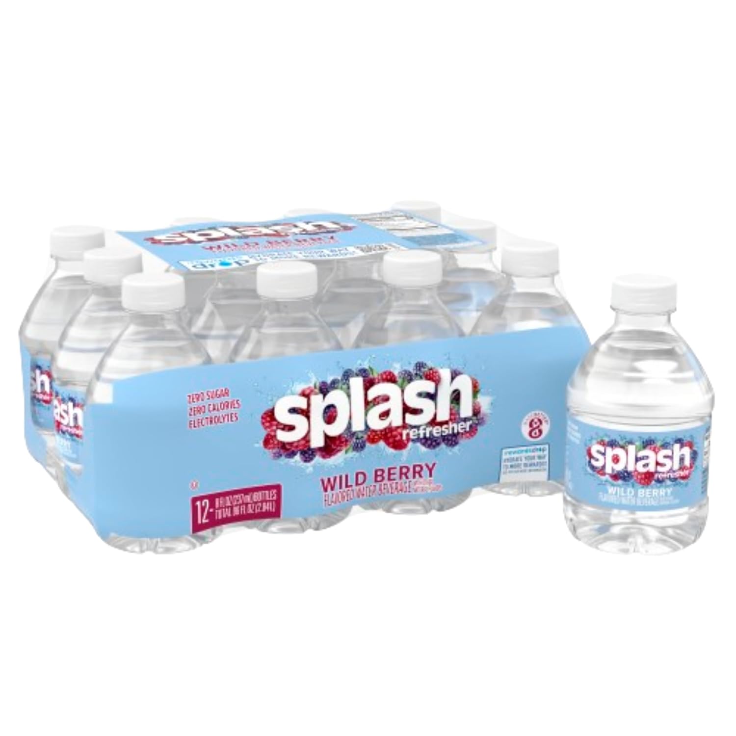 Splash Refresher Wild Berry Flavored Water, 8 Fl Oz, Plastic Bottle Pack of 12