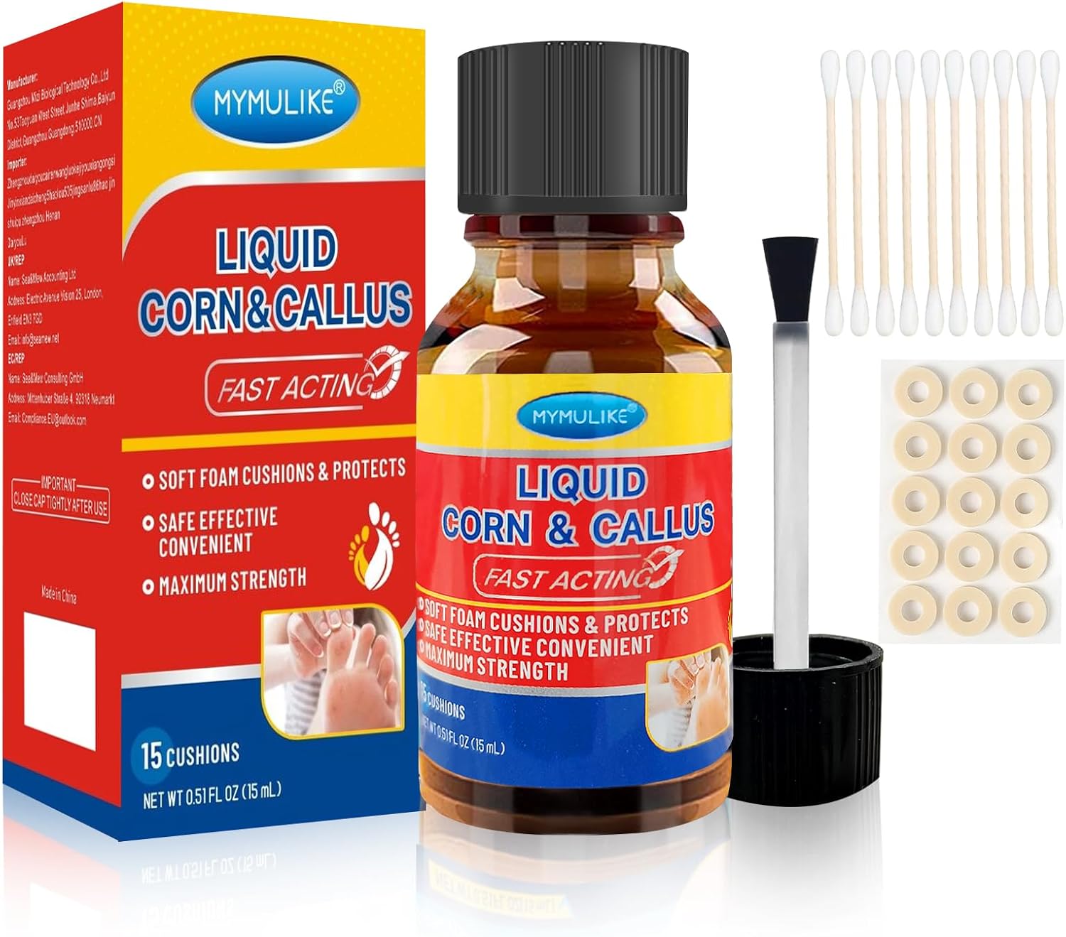 MYMULIKE Liquid for Corn removers, Corn Removers for feet Extra Strength, Fast Acting Foot Corn Remover, Foot Corn Pain Relief, 15ML Liquid with 15PCS Cushions 10PCS Swabs