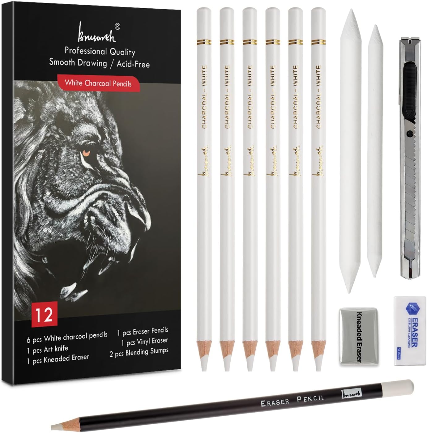 White Charcoal Pencils Set - 12 Piece Sketch Highlight White Pencils Set for Drawing, Sketching, Shading, Blending, Artist Pencils for Artists, Professionals or Beginners