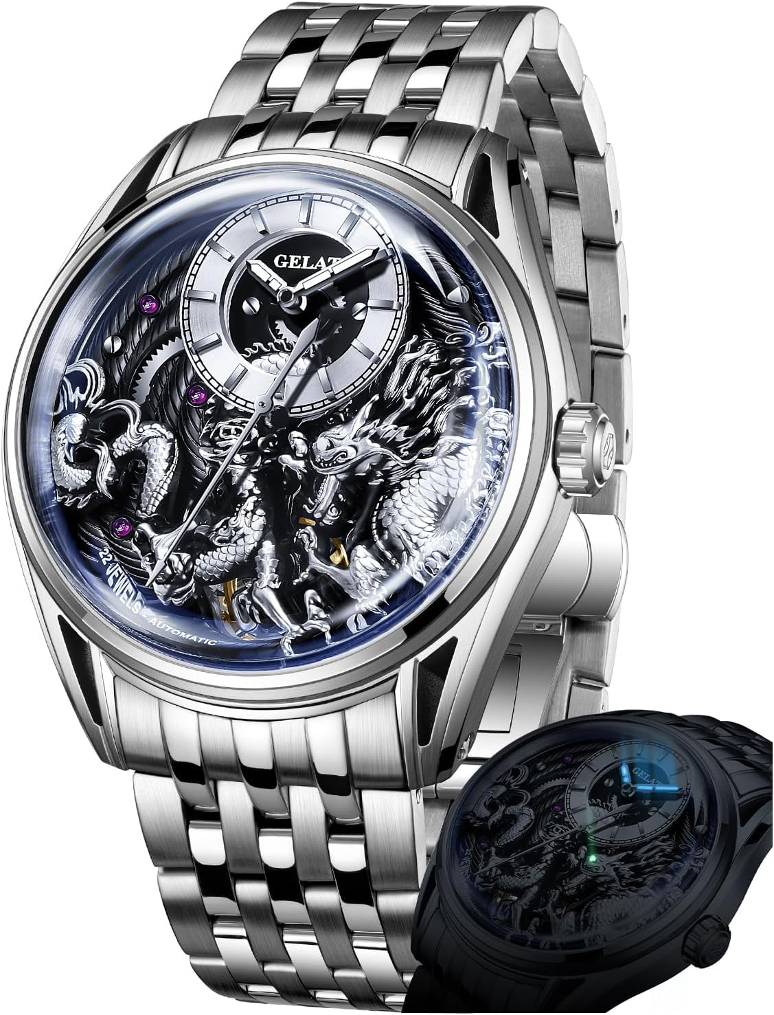 OUPINKE Watch for Men Automatic Wristwatch Sapphire Crystal Calendar Skeleton Luminous 3D Dial with 5ATM Waterproof Luxury Tungsten Steel Strap