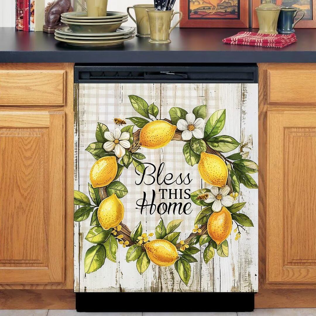 Summer Lemon Wreath Dishwasher Magnet Decoration,Wood Grain Refrigerator Sticker,Oven Magnets Decorative Cover,Farmhouse Kitchen Home Appliance Decorative,Magnets Vinyl Wrap Sheet,23Wx26H