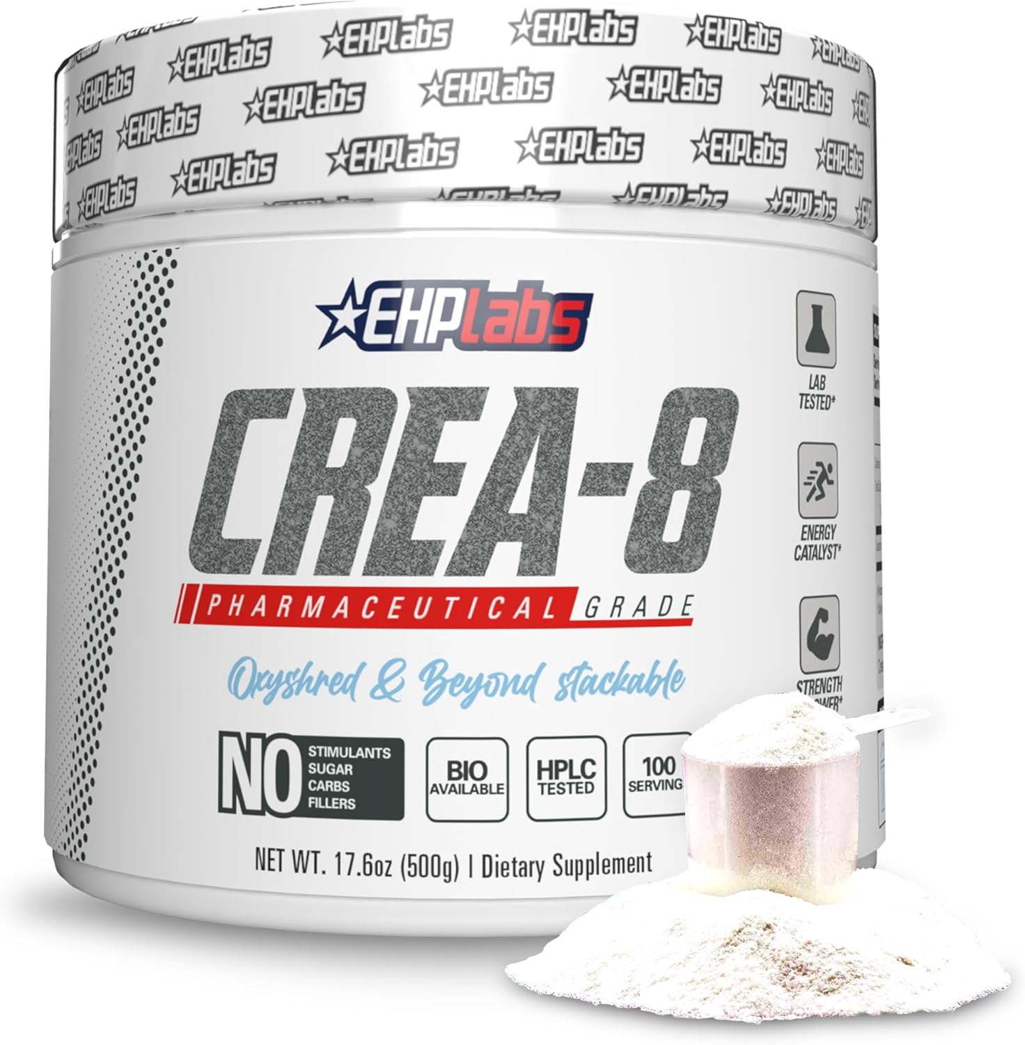 EHP Labs CREA-8 Creatine Monohydrate Powder - Unflavored Creatine Powder for Muscle Growth, Increased Strength, Enhanced Energy Output and Improved Performance - 100 Servings (500g)