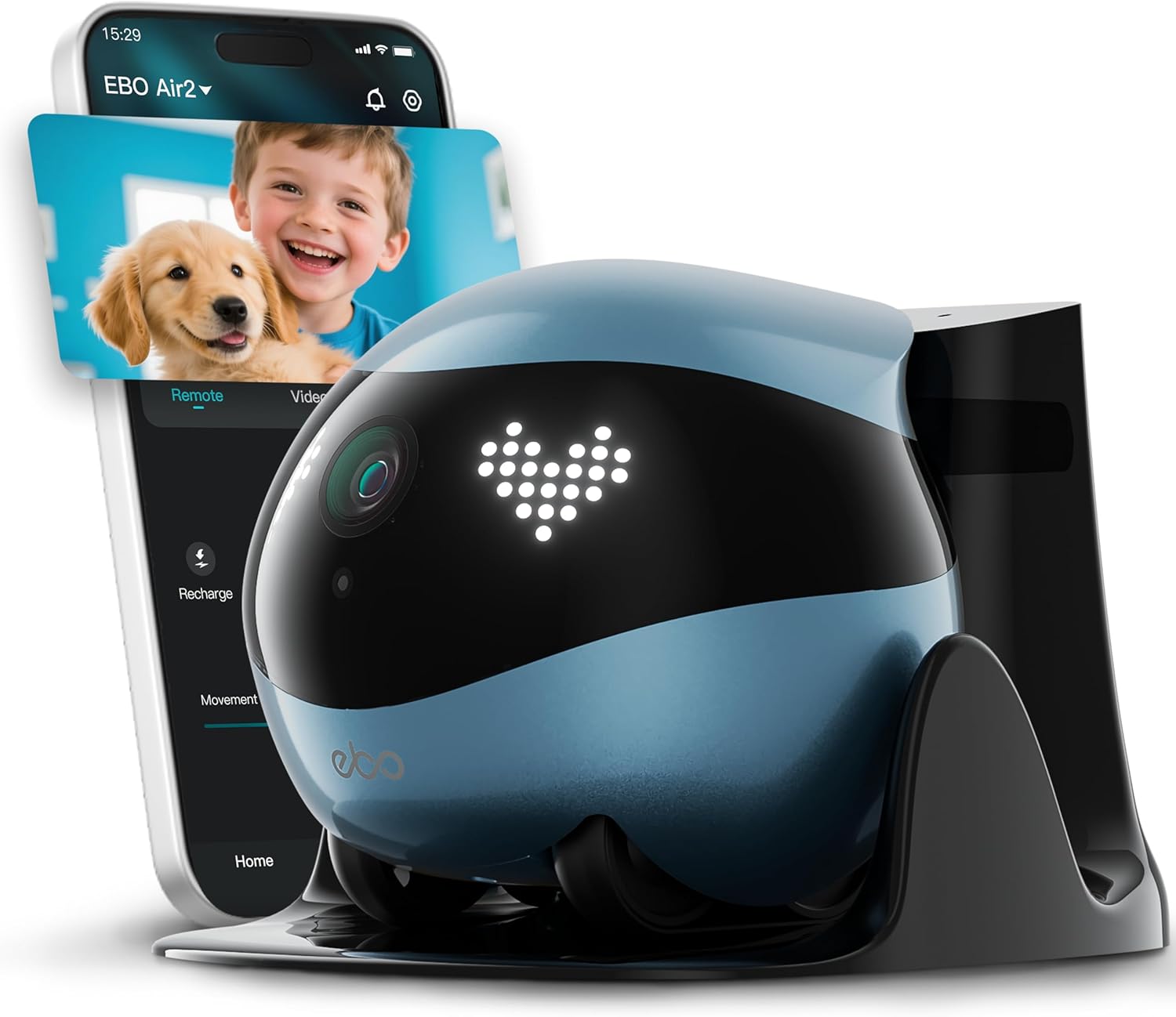 Indoor Security Camera Robot EBO Air 2: 2K Pet Camera, Movable Home Robot, Custom Facial Expression, Auto-Recharge, Battery-Operated, 2-Way Talk, Night Vision, 32GB Memory Card (Jay Blue)