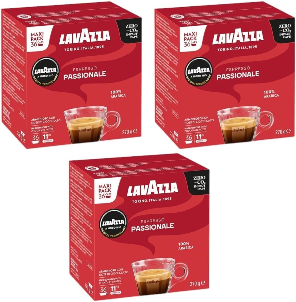 Lavazza A Modo Mio Espresso Passionale Coffee Capsules (Pack of 3, Total 108 Pods)