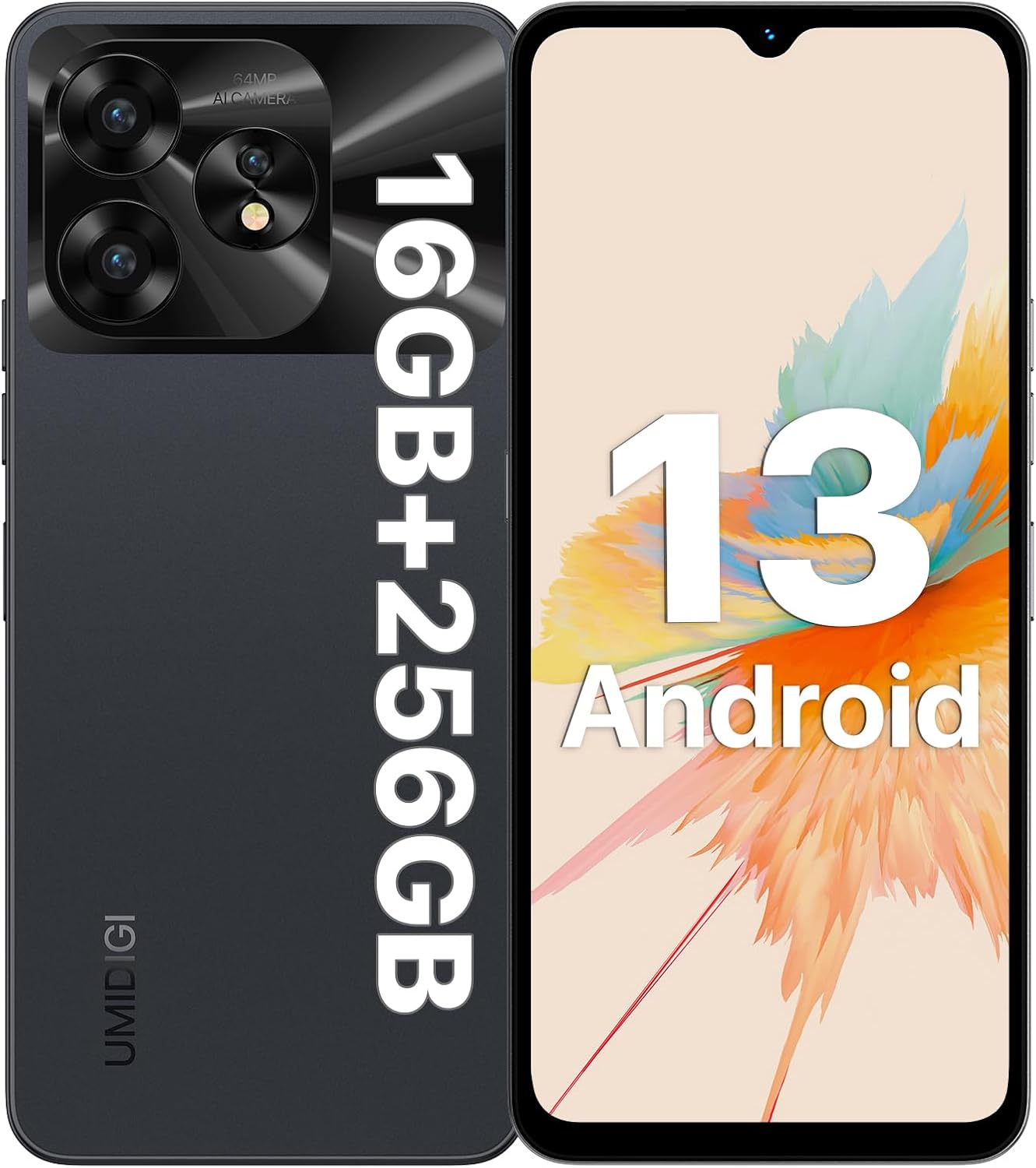 UMIDIGI A15 Cell Phones 16(8+8)G+256G, Android 13 Mobile Phone, 64MP Main Camera Octa Core Smartphone Unlocked 6.7” HD+ Full-View Waterdrop Screen, 5000mAh Battery 20W Fast Charging, 4G Dual SIM, NFC