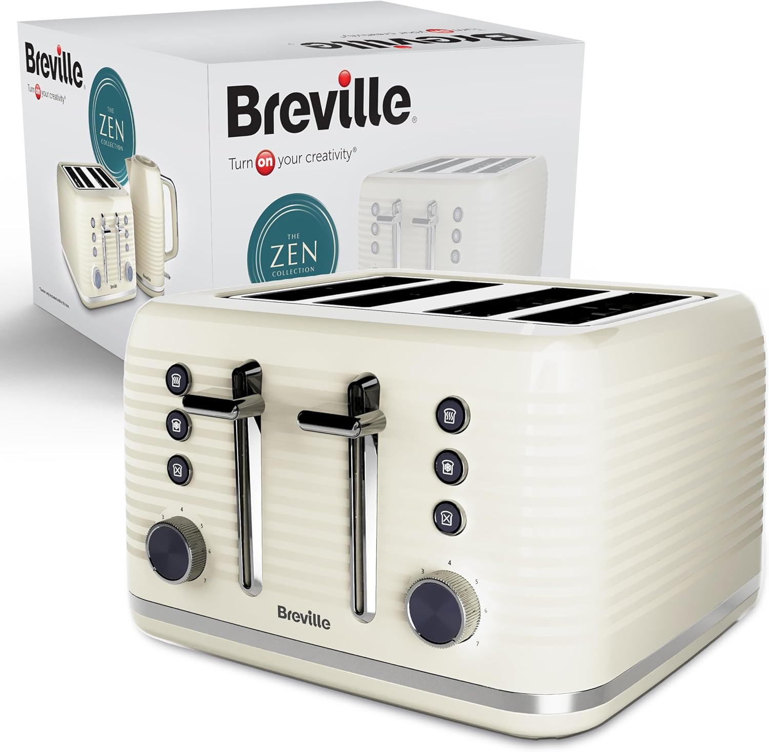 Breville Zen 4 Slice Toaster with High Lift & Wide Slots | Cream & Silver Chrome [VTR028]