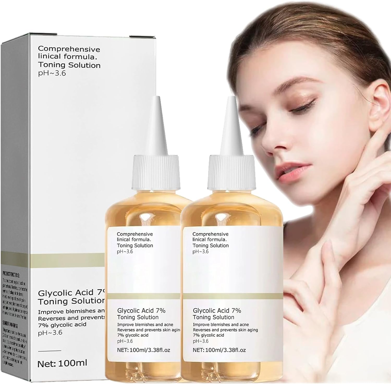 2PCS-Glycolic Acid 7% Toning Solution 100ml - Face Serum for lmprove The Appearance of Acne-Prone Skin - Skincare with Hyaluronic Acid - Hydrating and Help Reduce Acne Breakouts