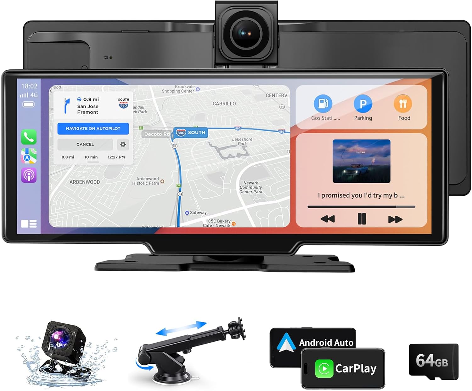 Veralady 10.26" CarPlay Screen for Car, Wireless CarPlay Android Auto Car Tablet with 4K Front Camera and 1080P Rear Camera, Android Auto Carplay IPS Touchscreen with Bluetooth 64G SD Mirror Link AUX