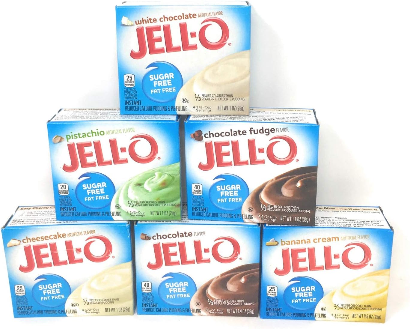 Jell-O Sugar Free Fat Free Pudding & Pie Filling Bundle of Six: Chocolate, Banana Cream, White Chocolate,Cheesecake, Pistachio and Chocolate Fudge (6 Boxes About 1 Ounces Each)