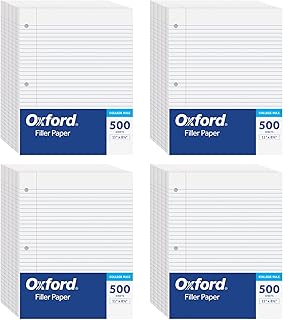 Oxford Loose Leaf Paper, Filler Paper, Notebook Paper, 8-1/2" x 11", College Rule, 3-Hole Punched, 2,000 Sheets for 3 Ring Binders, 4 Packs of 500, White (62331)