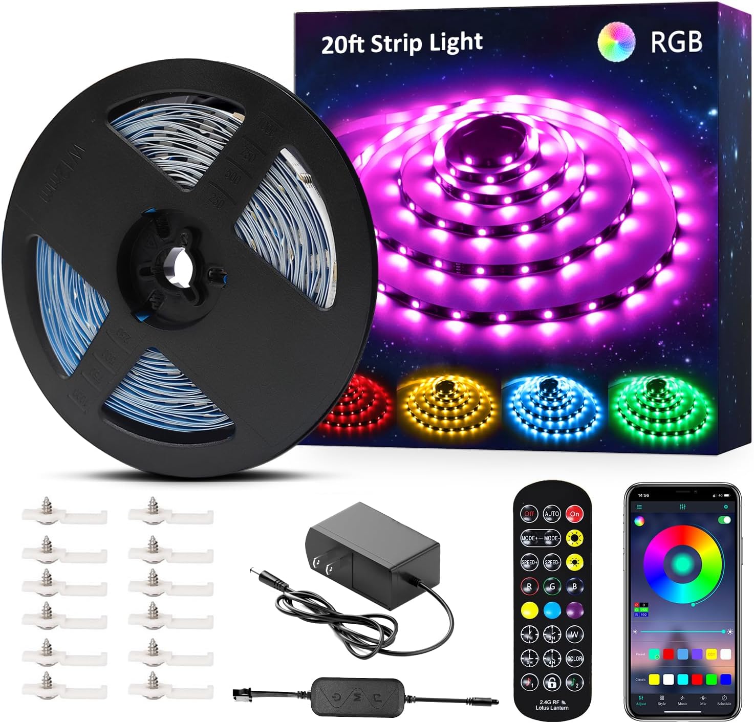 NOVOSTELLA 20ft RGB Smart LED Strip Lights Kit, Music Sync APP RGB Color Changing Flexible Dimmable 180 Units SMD 5050 LEDs Tape with 44 Key Remote, LED Ribbon for Home Lighting Kitchen Bar, 24V
